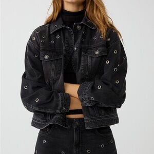 New STRADIVARIUS Black Denim Jacket and Pants Set with Grommet Details Sz 6